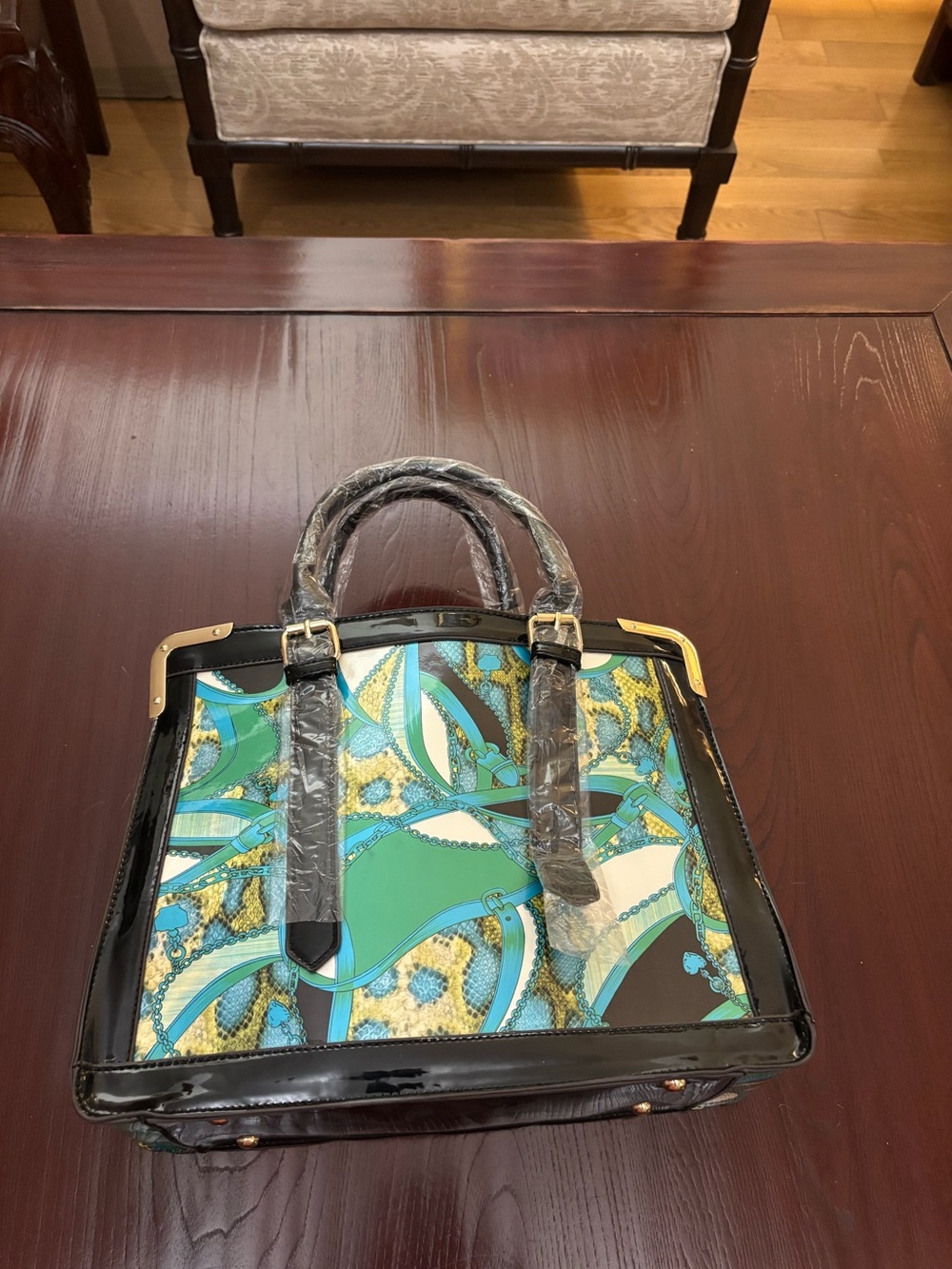 NWT DS Bags Chain Belt Print Frame Satchel Patent Trim Top Handle Crossbody Purs